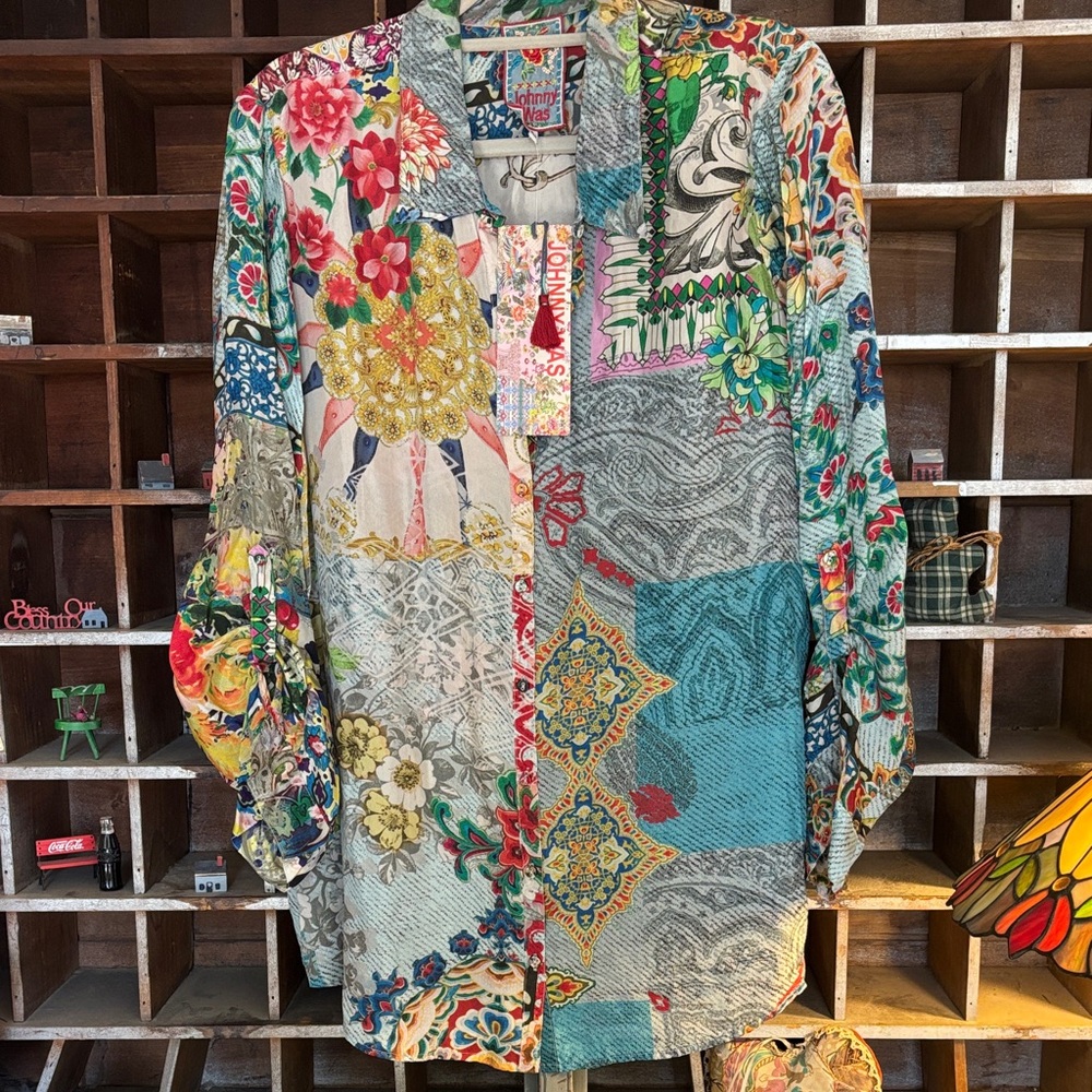 Johnny Was Silk Multicolor Patchwork Shirt NWT